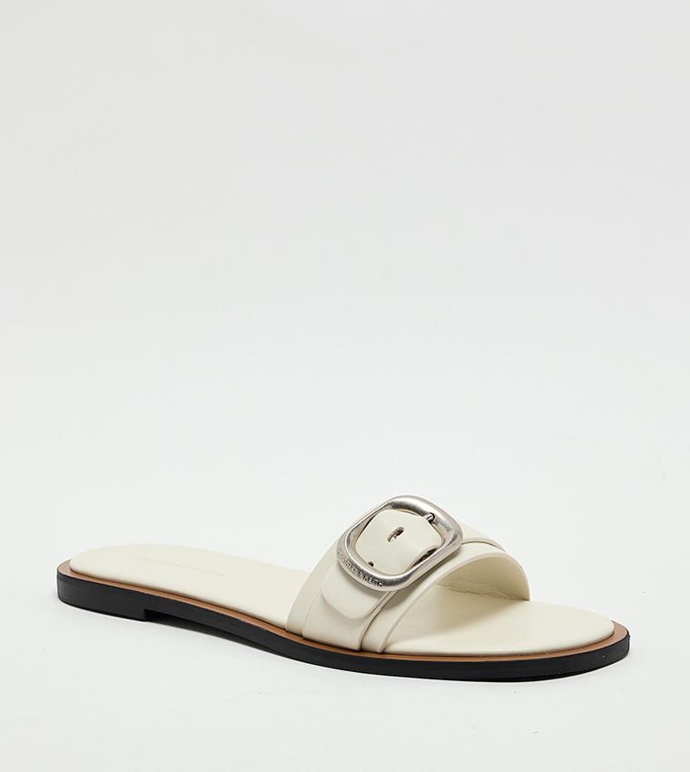 Textured Buckle-Strap Flat Sandals