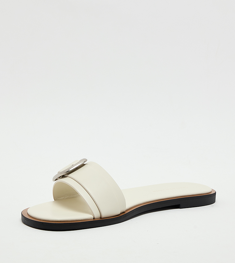 Textured Buckle-Strap Flat Sandals