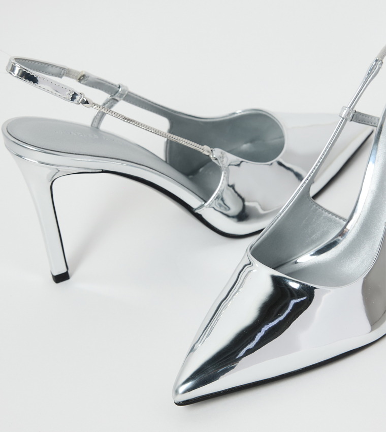 Metallic Chain Strap Slingback Pumps