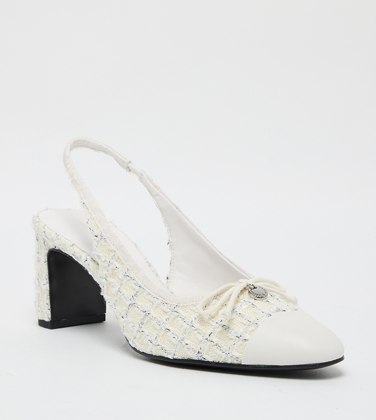 Tweed Bow Detail Cap Toe Slingback Pumps