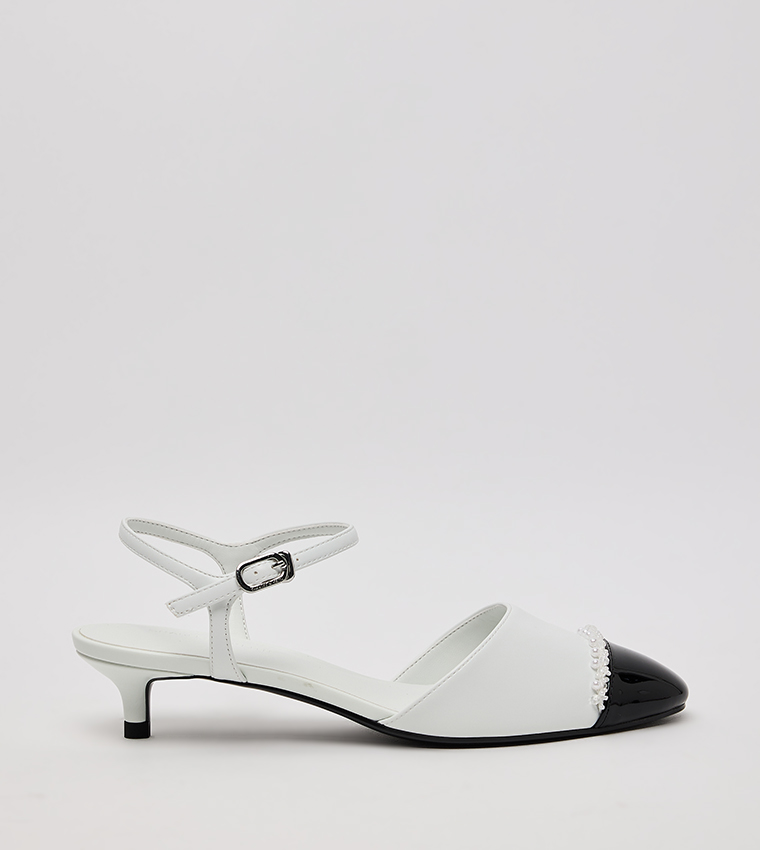 Pearl Embellished Cap Toe Kitten Heels