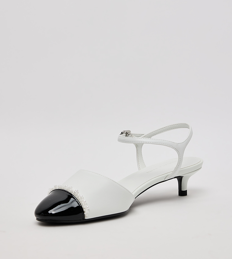 Pearl Embellished Cap Toe Kitten Heels