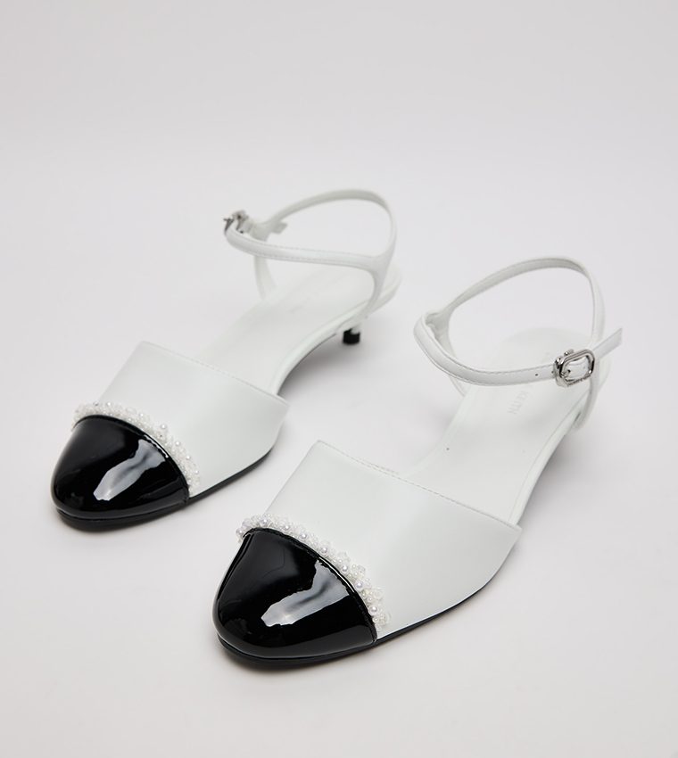 Pearl Embellished Cap Toe Kitten Heels