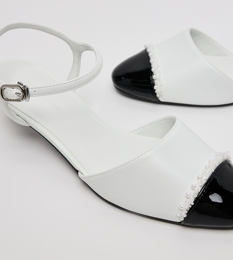 Pearl Embellished Cap Toe Kitten Heels