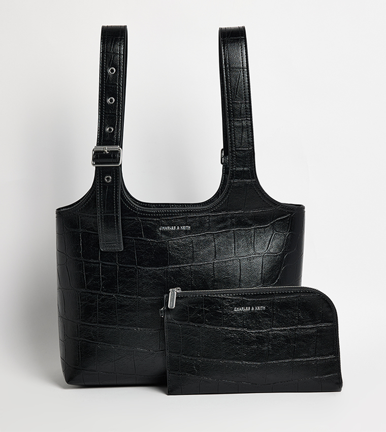 Textured Shoulder Bag with Pouch