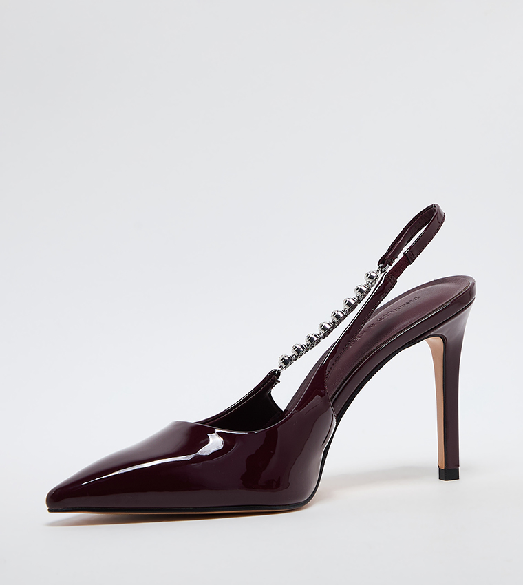 FLORES Patent Embellished Strap Slingback Pumps