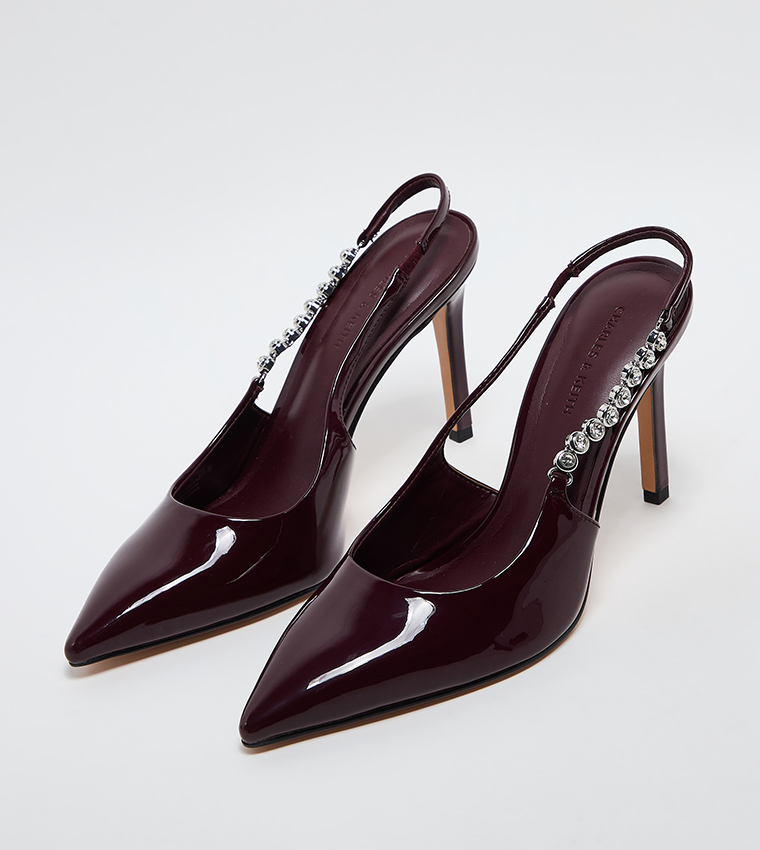 FLORES Patent Embellished Strap Slingback Pumps