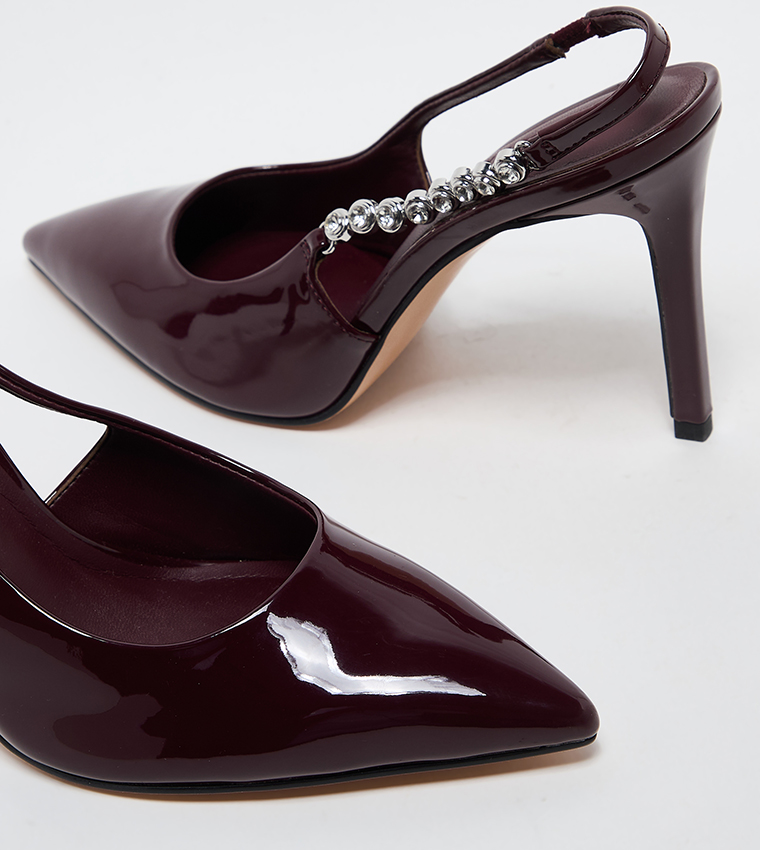 FLORES Patent Embellished Strap Slingback Pumps