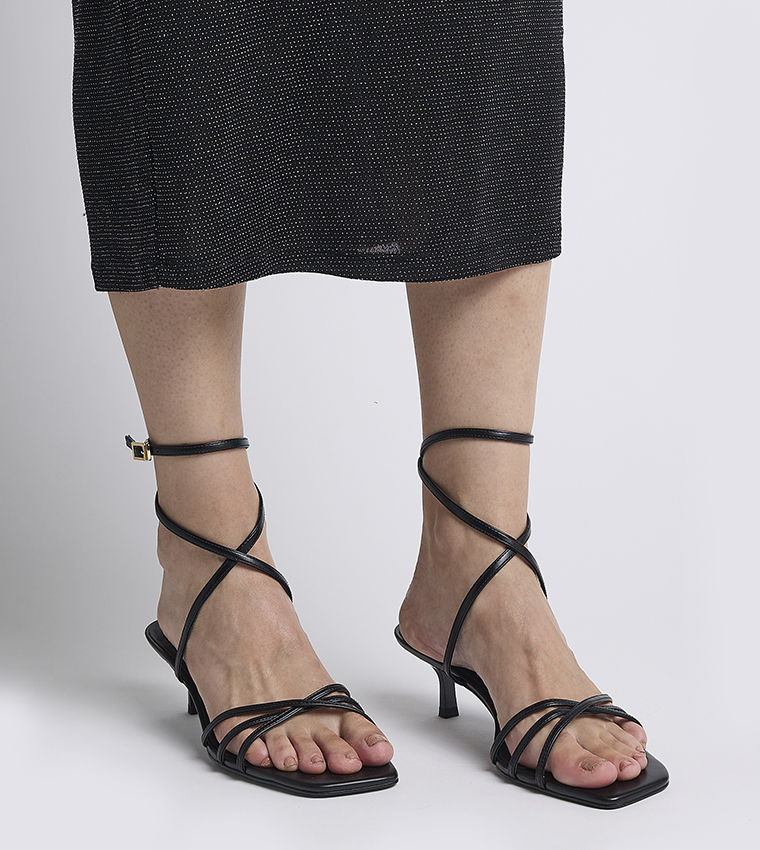 Strappy Square-Toe Kitten-Heel Sandals