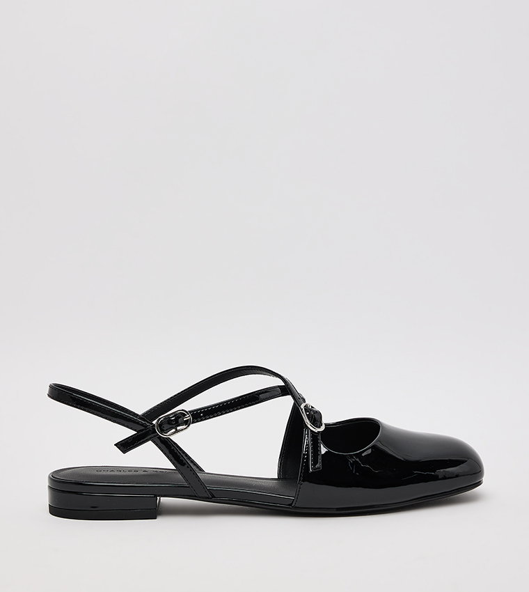 Patent Crossover Buckled Slingback Flats