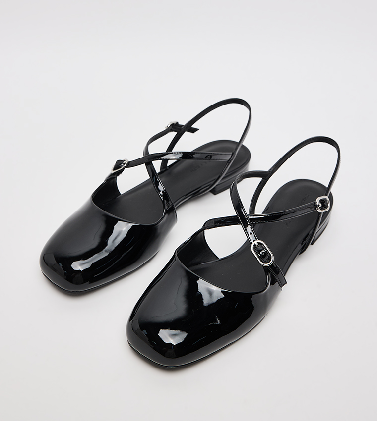 Patent Crossover Buckled Slingback Flats