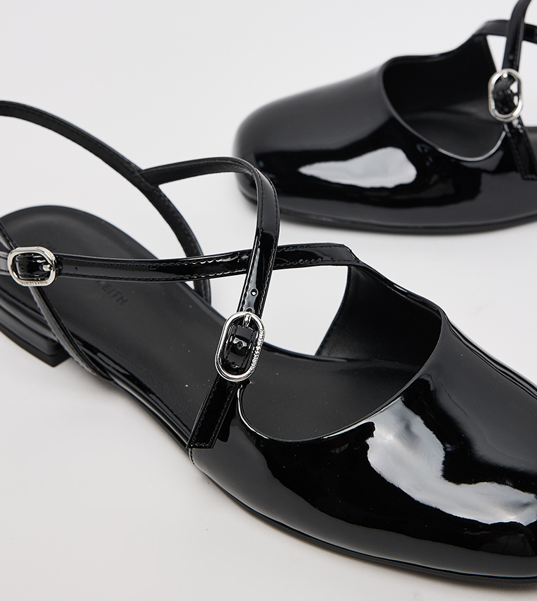 Patent Crossover Buckled Slingback Flats