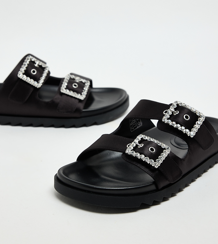 Gem-Buckle Double-Strap Sandals