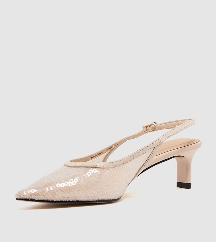 Sequined Mesh Slingback Kitten Heel Pumps
