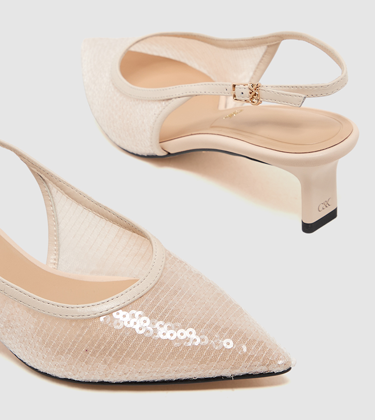 Sequined Mesh Slingback Kitten Heel Pumps