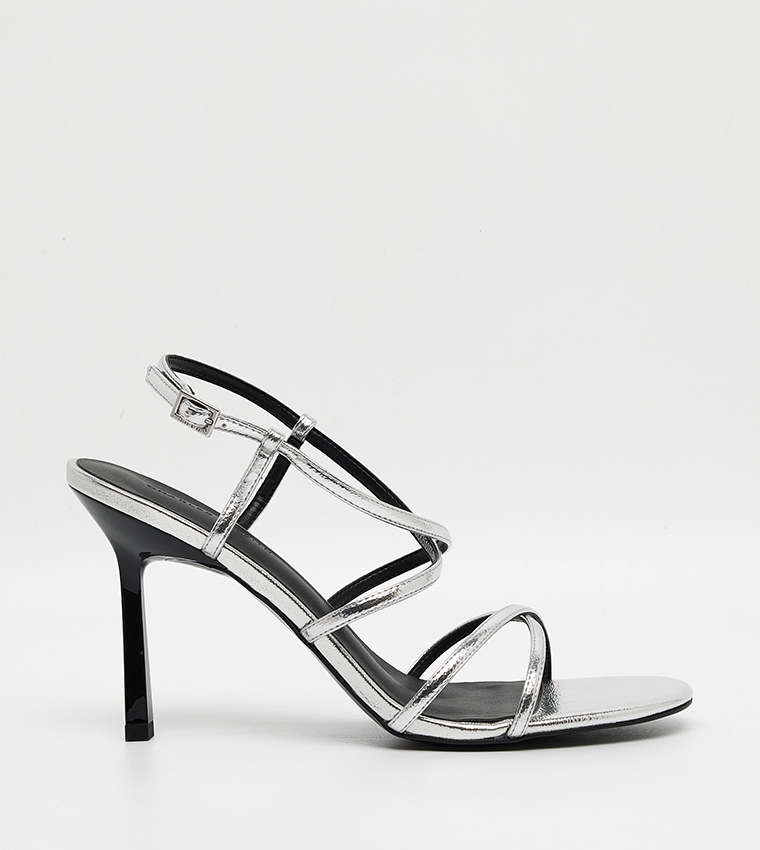Metallic Strappy Crossover Trapeze-Heel Sandals