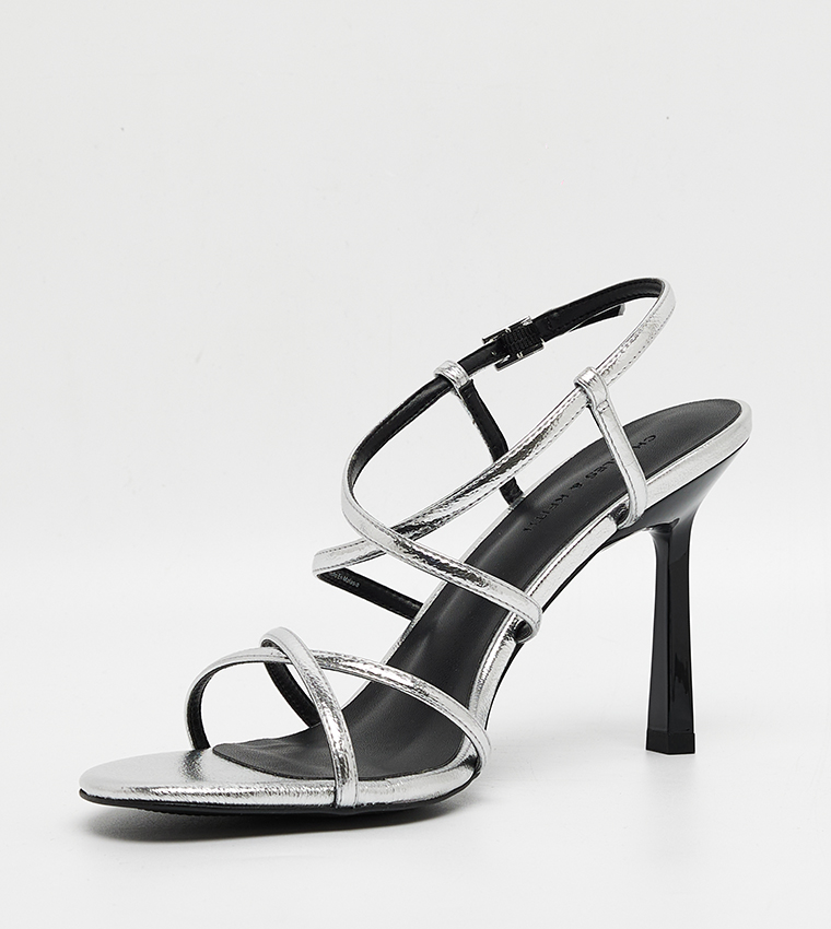 Metallic Strappy Crossover Trapeze-Heel Sandals