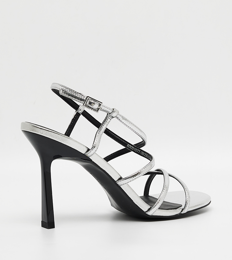 Metallic Strappy Crossover Trapeze-Heel Sandals