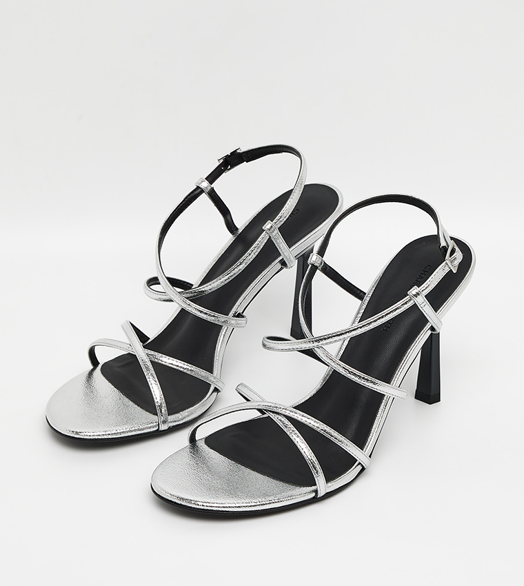 Metallic Strappy Crossover Trapeze-Heel Sandals