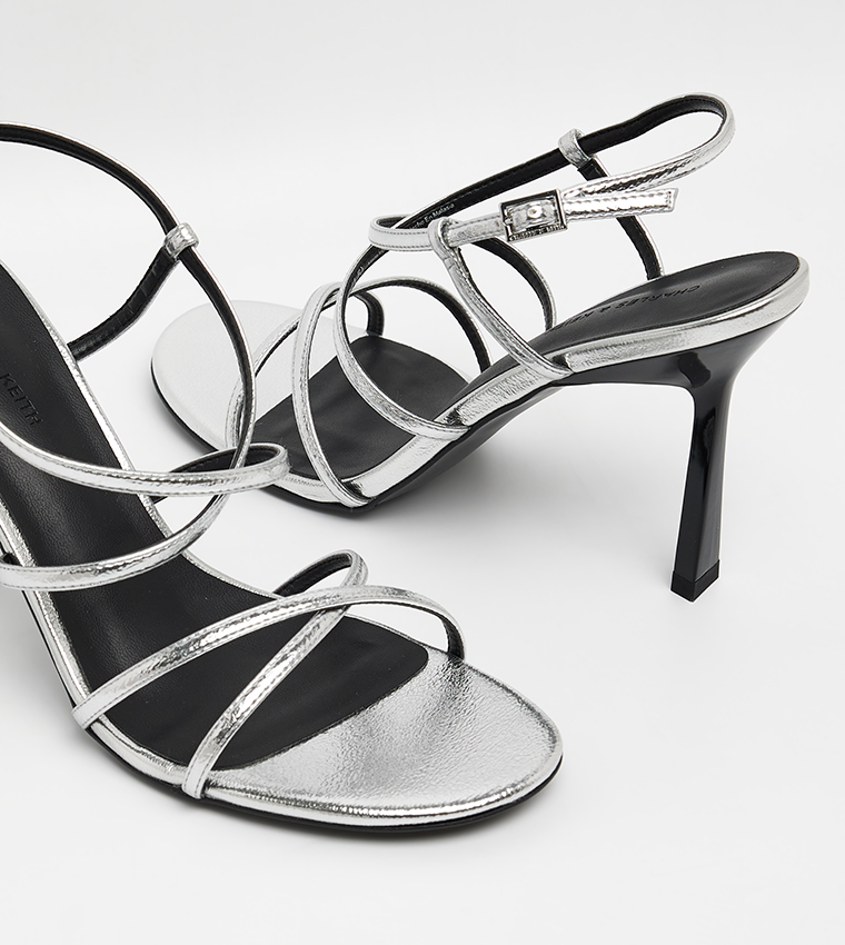 Metallic Strappy Crossover Trapeze-Heel Sandals