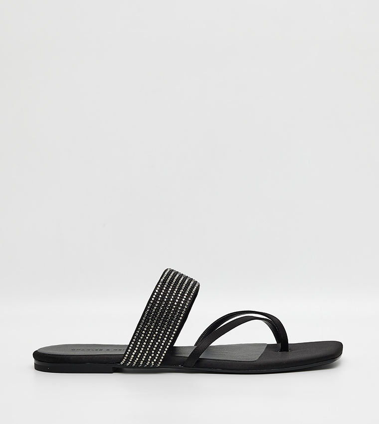 Satin Crystal-Embellished Crossover Toe-Ring Flat Sandals
