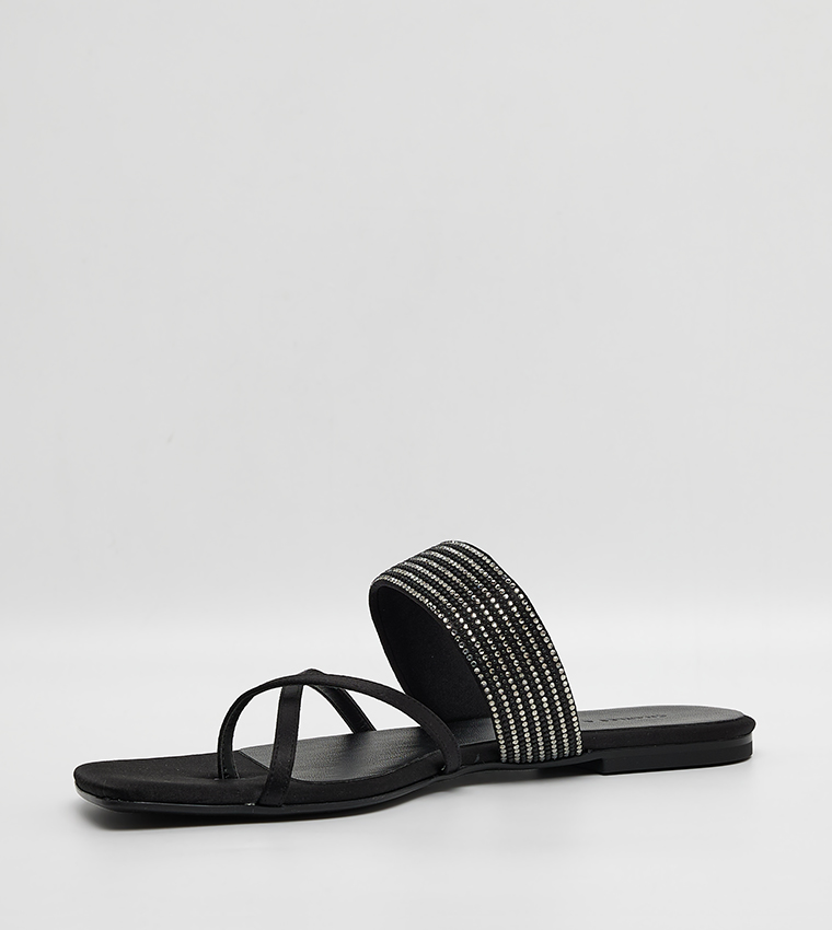 Satin Crystal-Embellished Crossover Toe-Ring Flat Sandals