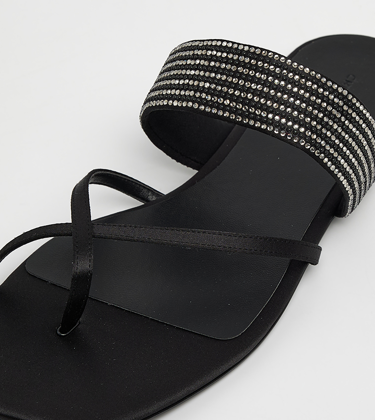 Satin Crystal-Embellished Crossover Toe-Ring Flat Sandals