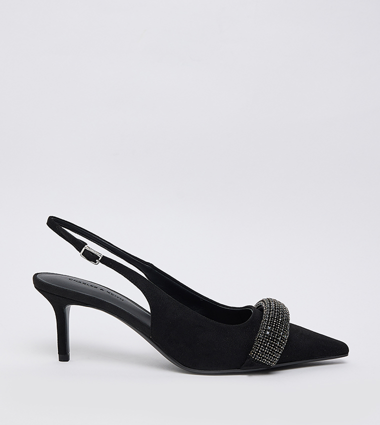 Faux Suede Embellished Pointed Toe Slingback Pumps 