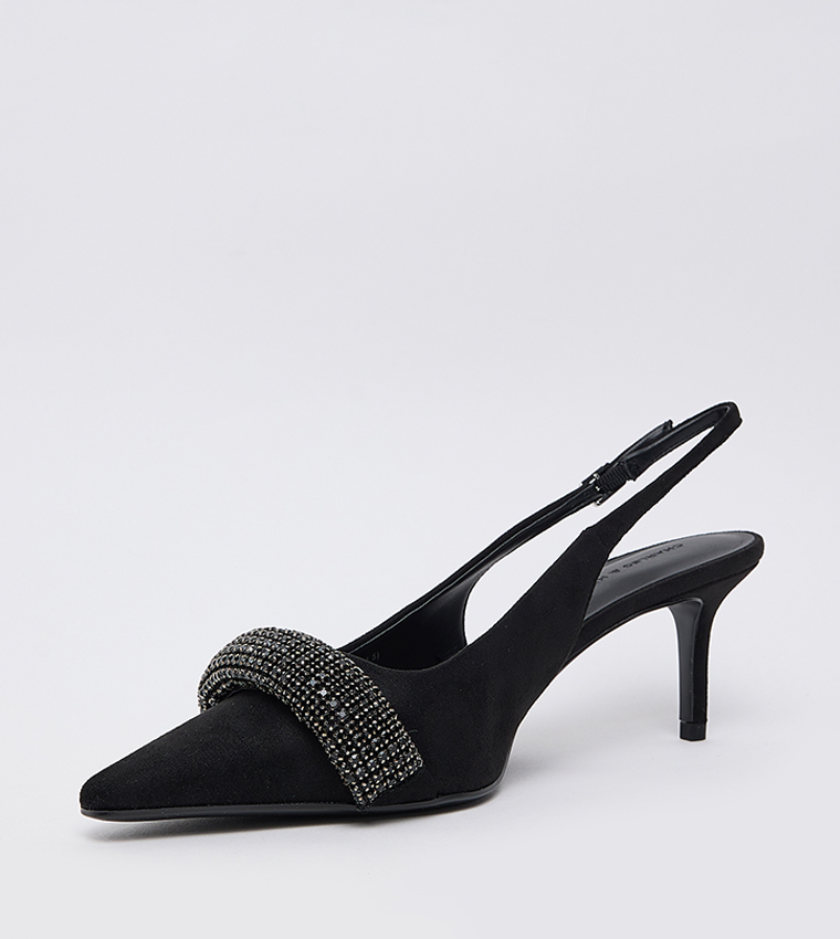 Faux Suede Embellished Pointed Toe Slingback Pumps 