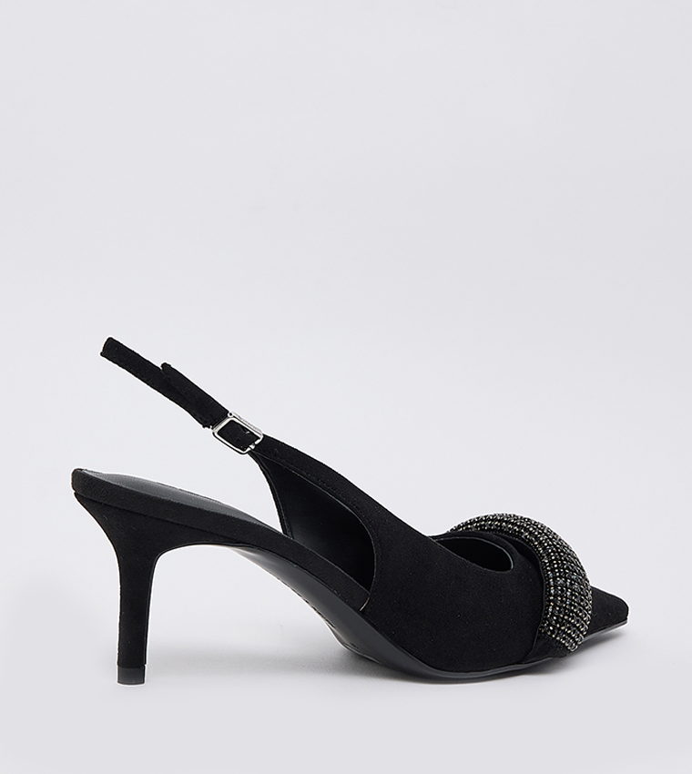 Faux Suede Embellished Pointed Toe Slingback Pumps 