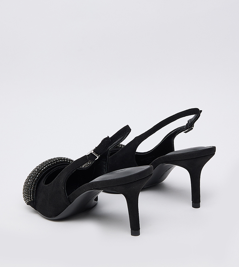 Faux Suede Embellished Pointed Toe Slingback Pumps 