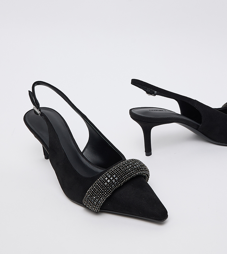 Faux Suede Embellished Pointed Toe Slingback Pumps 