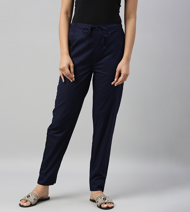 Solid Comfort Fit Cotton Pants