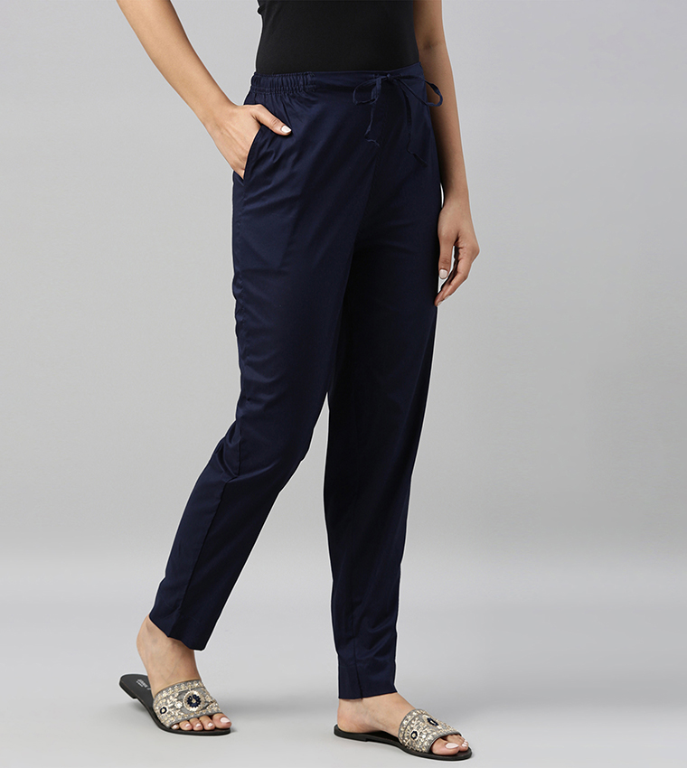 Solid Comfort Fit Cotton Pants