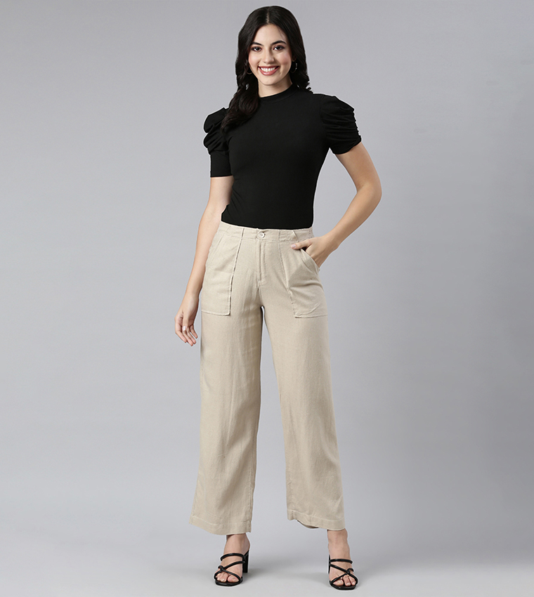 Solid Linen Wide Leg Pants