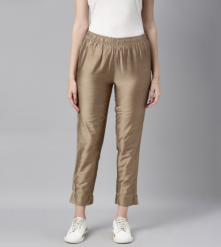 Solid Mid Rise Metallic Pants
