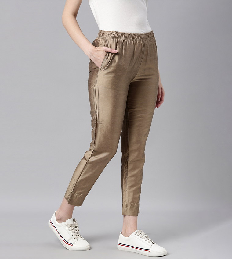 Solid Mid Rise Metallic Pants