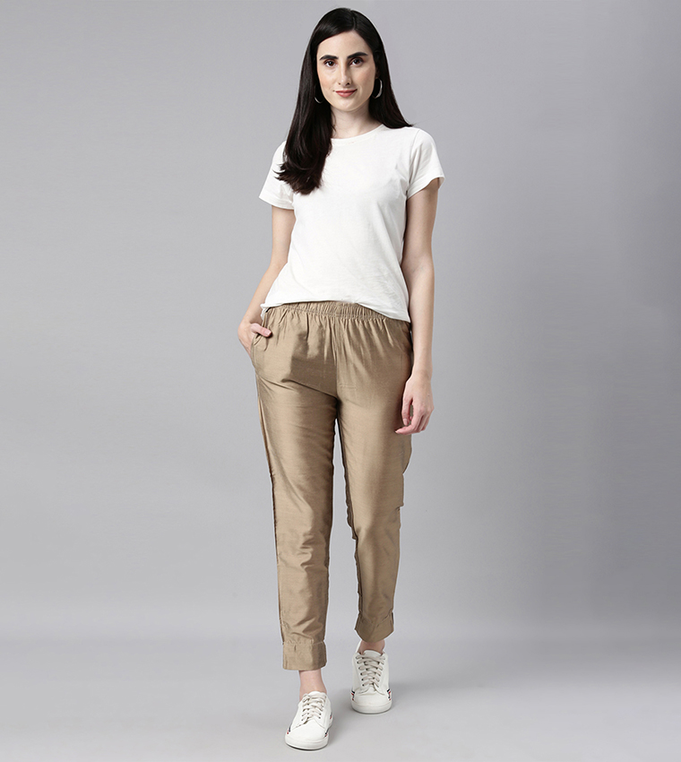 Solid Mid Rise Metallic Pants