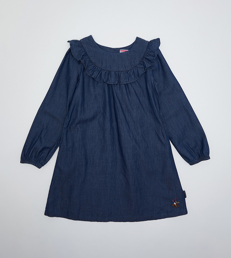 Girl's Frill Detailed Long Sleeves Denim Dress