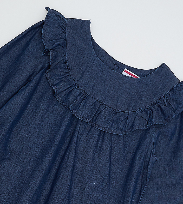 Girl's Frill Detailed Long Sleeves Denim Dress