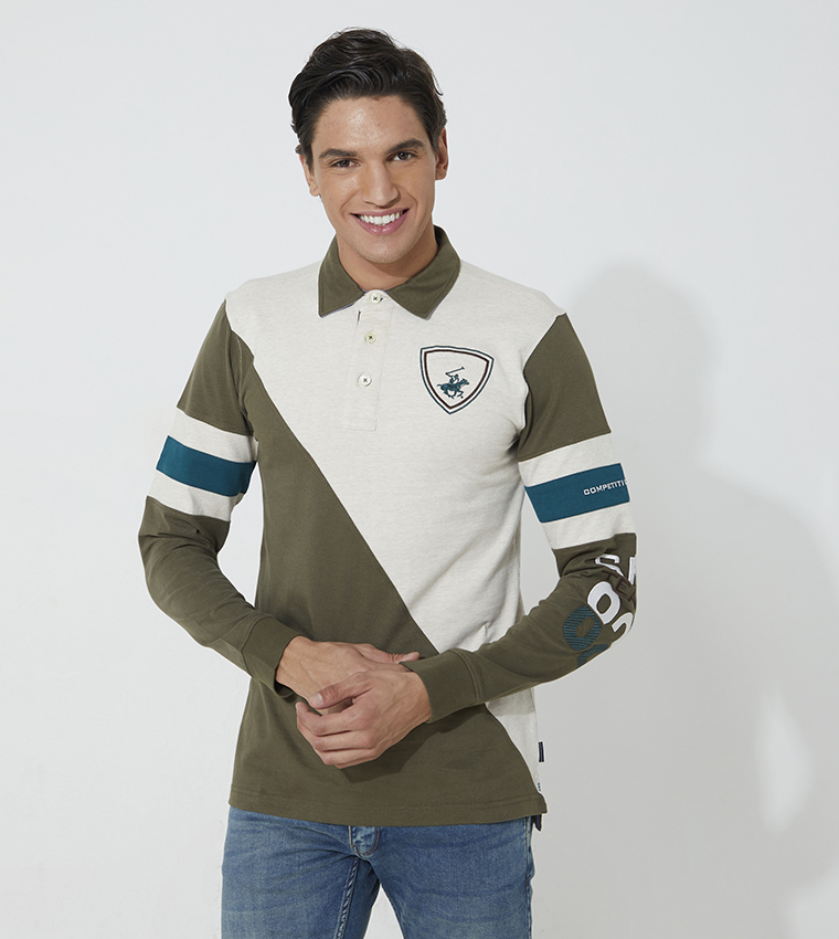 Buy Beverly Hills Polo Club Rugby Color Block Long Sleeve Polo T Shirt In Green 6thStreet Kuwait