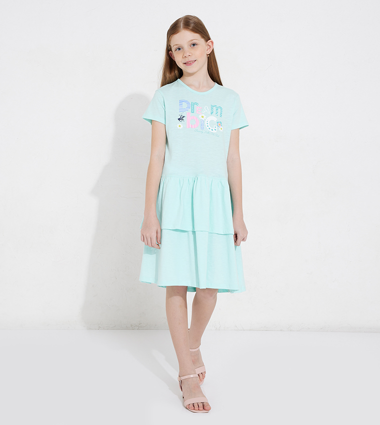 Printed Short Sleeves Layered Dress