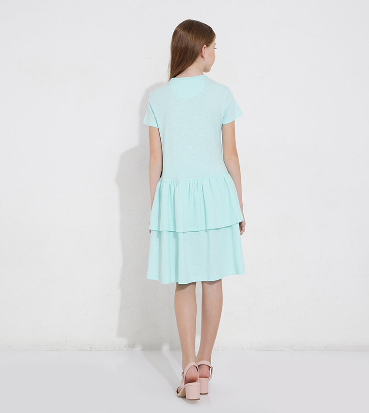 Printed Short Sleeves Layered Dress