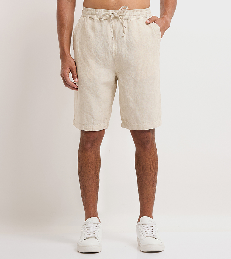 Buy Beverly Hills Polo Club Drawstring Waist Linen Shorts In Beige