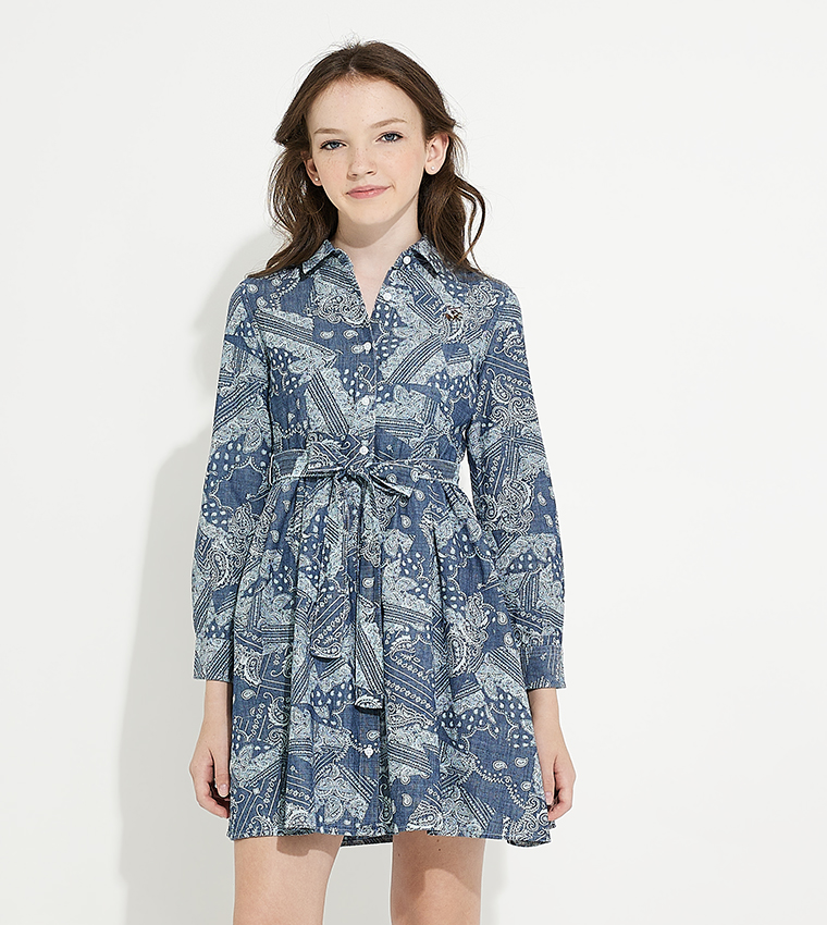 Printed Long Sleeves Denim Shirt Dress