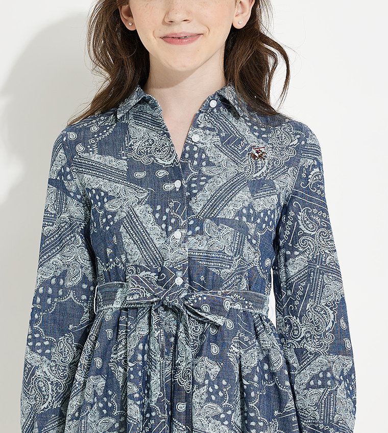 Printed Long Sleeves Denim Shirt Dress
