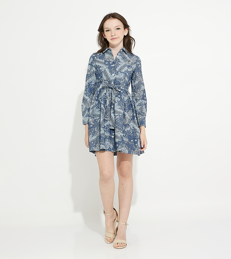 Printed Long Sleeves Denim Shirt Dress