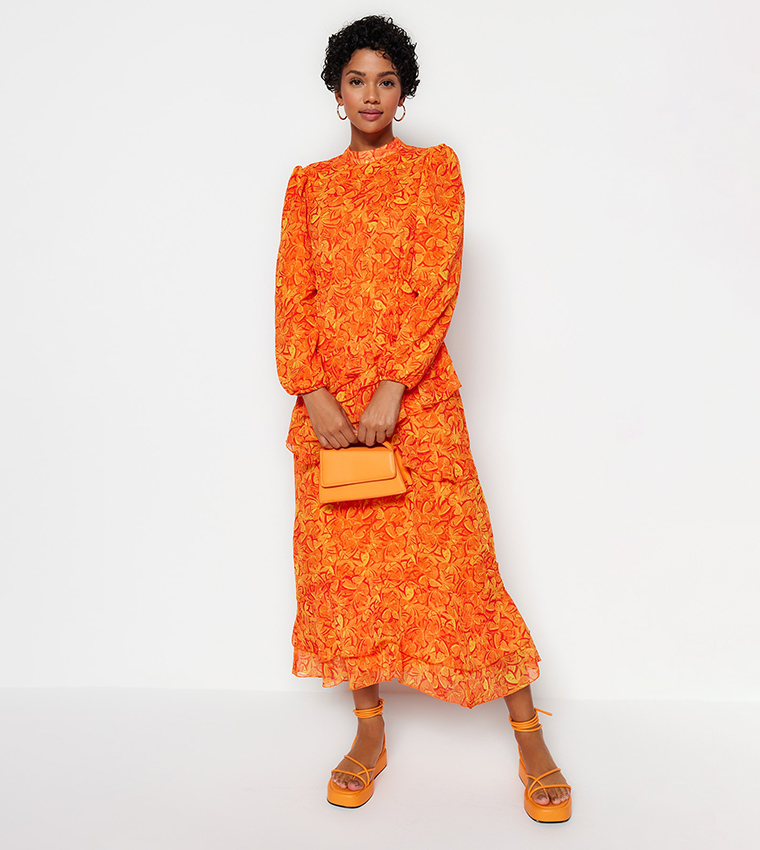 Orange midi shop dress with sleeves