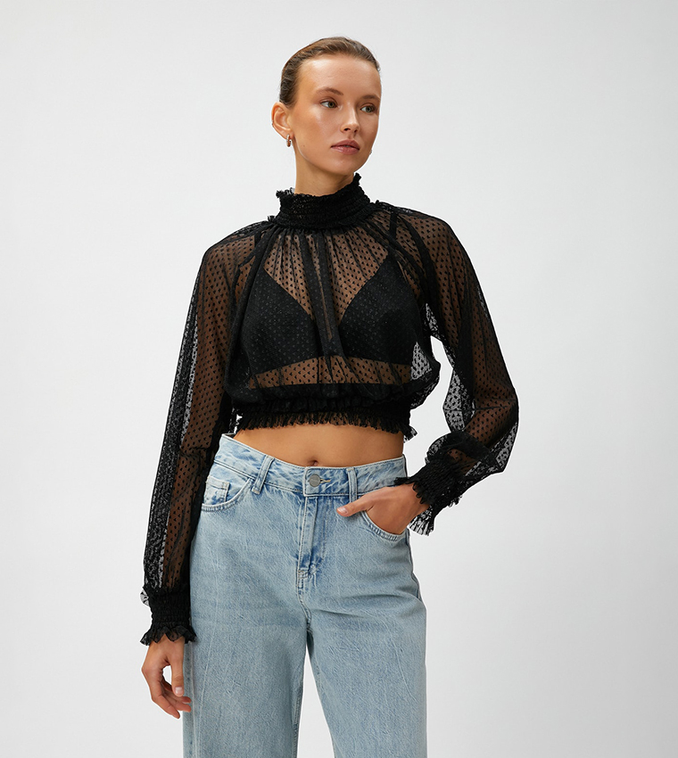 Buy Koton High Neck Smocked Mesh Top In Black 6thStreet UAE