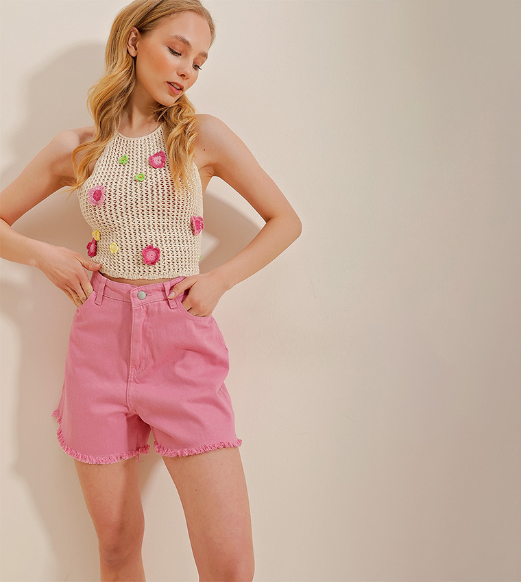 Buy Trend Alaçatı Stili Washed High Waist Denim Shorts In Pink